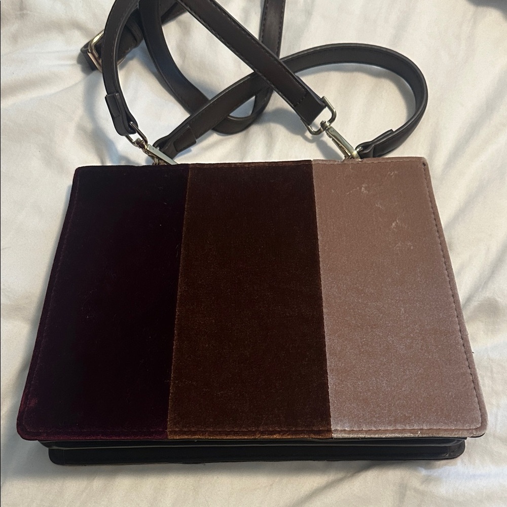 Anthropologie Velvet Messenger Bag in Burgundy and Brown